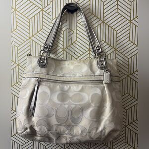 Coach Cream Signature Jacquard Shoulder Bag with Silver Trim